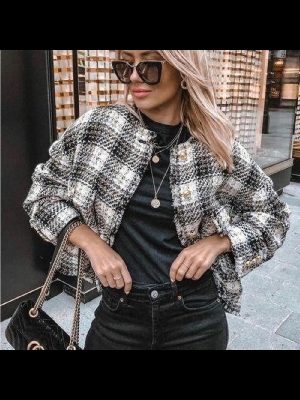 Zara Black and White Plaid Tweed Cropped Blazer